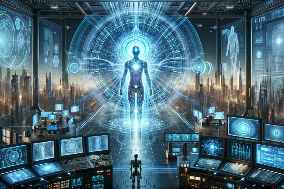 An illustration depicting the Technological Singularity, showcasing a superintelligent AI in a futuristic control room surrounded by advanced technology and a high-tech cityscape in the background.