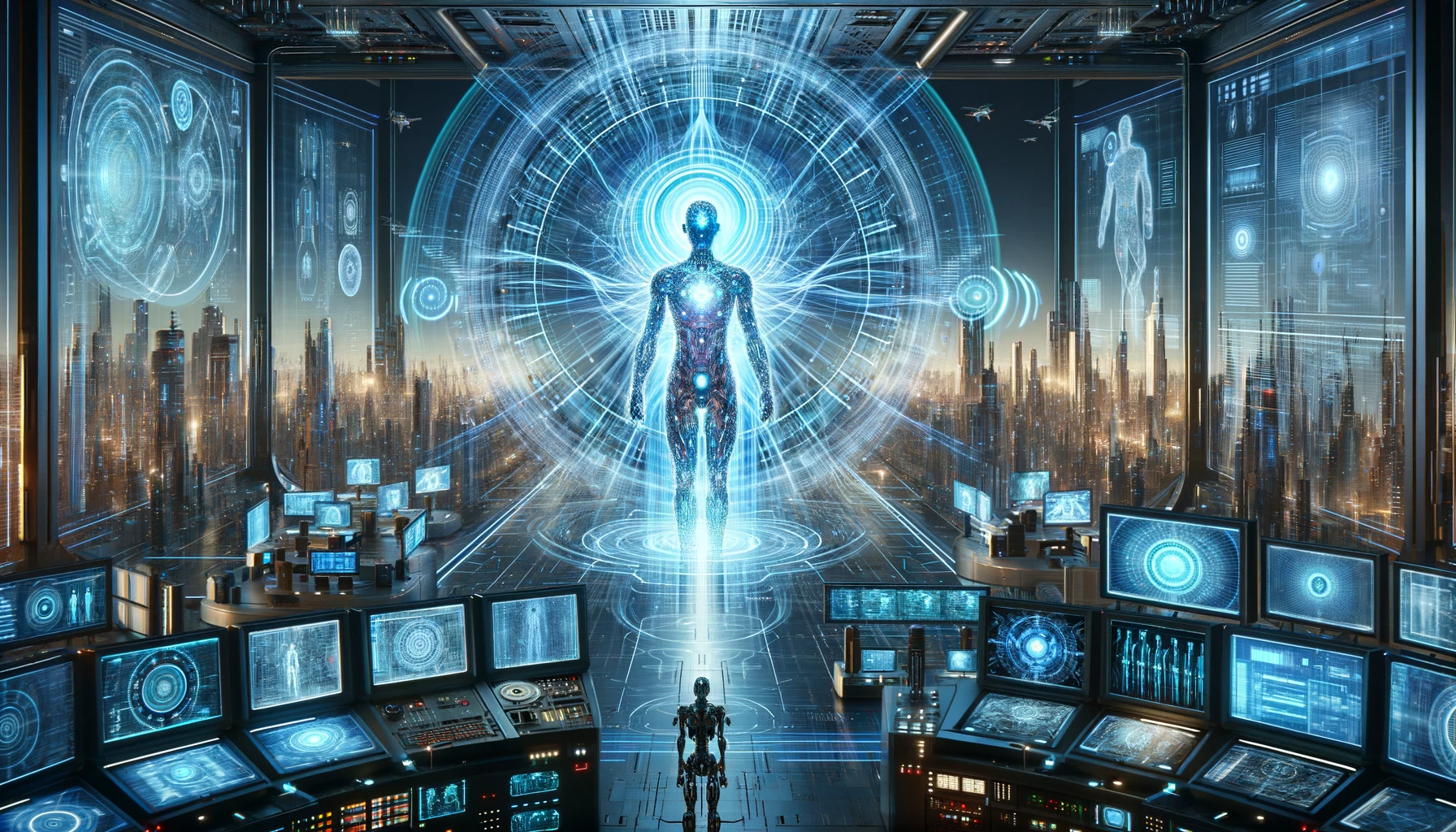 An illustration depicting the Technological Singularity, showcasing a superintelligent AI in a futuristic control room surrounded by advanced technology and a high-tech cityscape in the background.